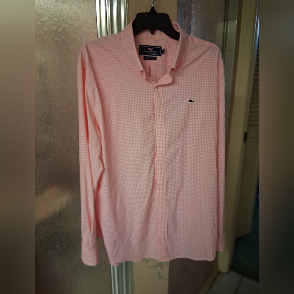 Vineyard Vines Men's Light Pink White Checkered Whale Shirt XL